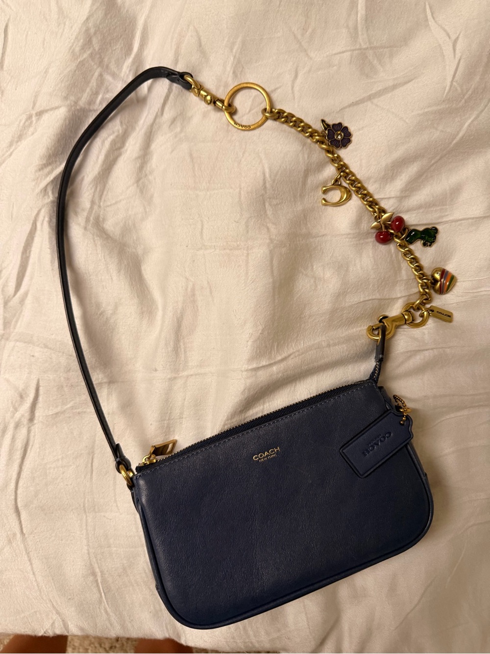 Coach Navy Leather Shoulder Bag with Gold Charm Chain Accents